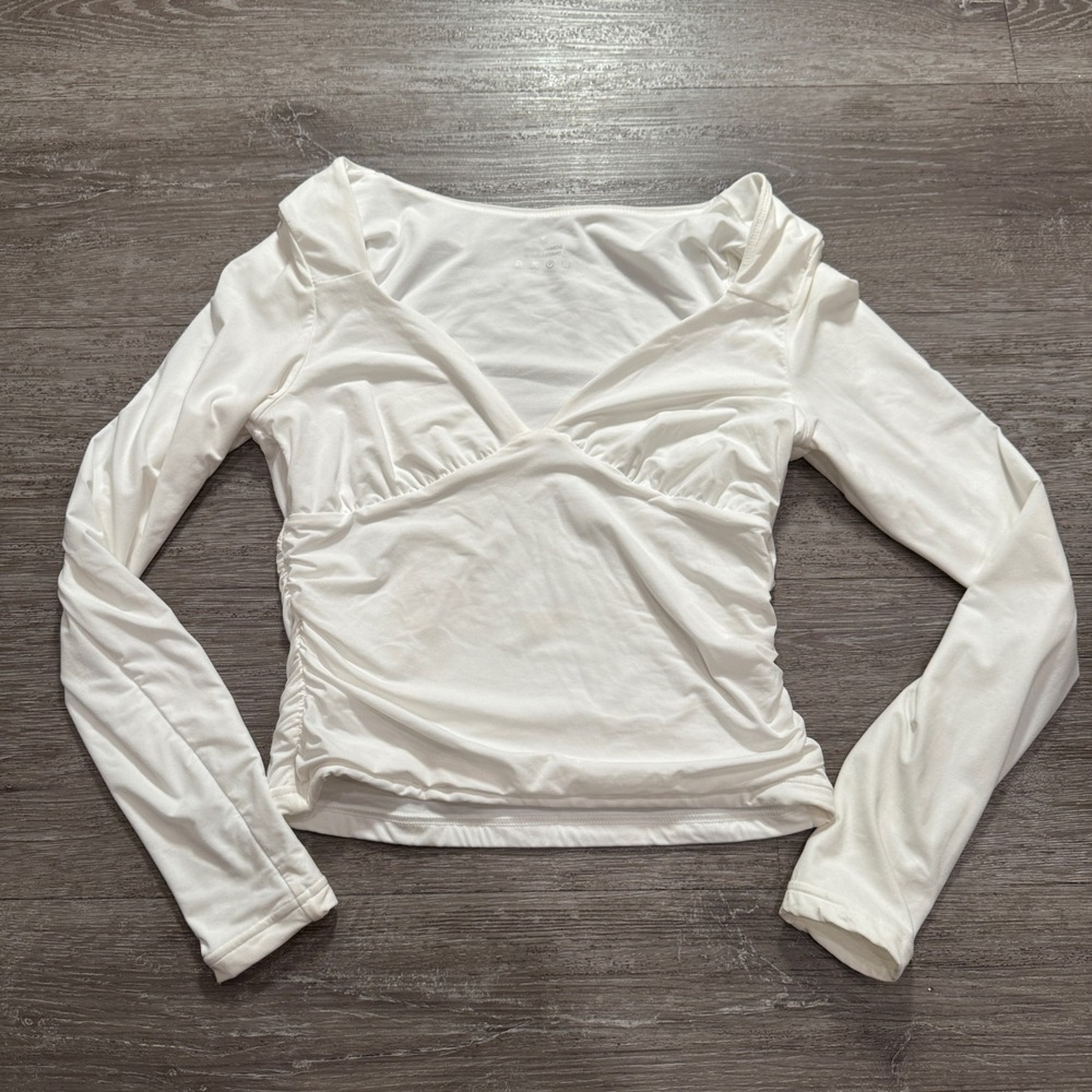Ruched Top Womens S White V Neck Long Sleeve Basic Sexy Minimalist Clubwear Chic